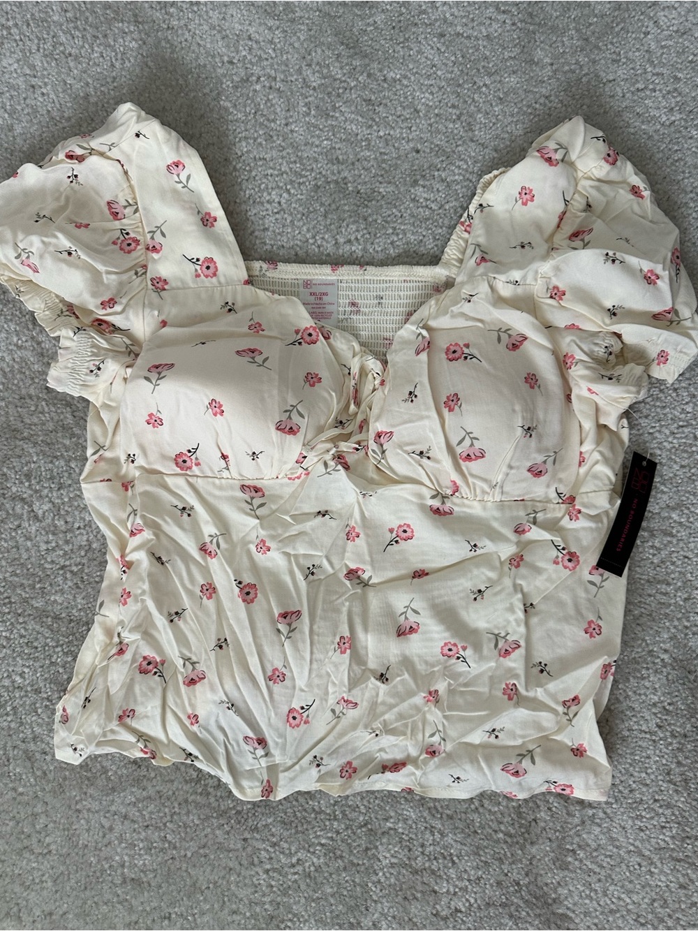 No Boundaries Cream Floral Puff Sleeve Crop Top with Pink Blossoms